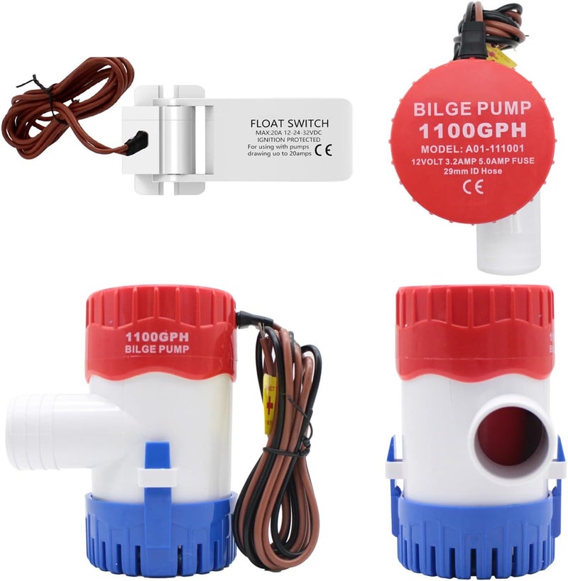 creatorele Bilge Pump Kit For Boats 12v, 1100 GPH Non-Automatic Pump Float Switch 12v 24 V 32 V with 1-1/8 Inch Plumbing Kit, Including Hose, Clamps, Thru Hull Connectors for Boats - Image 2